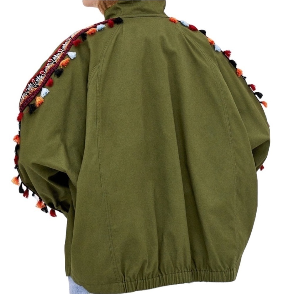 ZARA Greenish Parka w/ High Collar Colorful Trim w/ Tassels Size S/M - Picture 4 of 8
